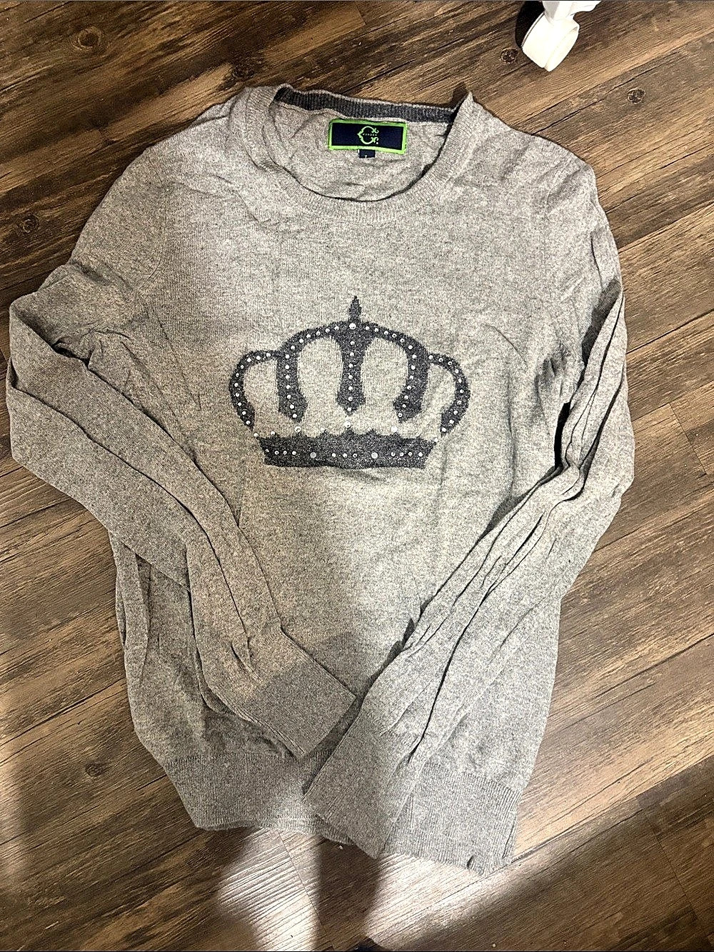 C Wonder Crown Rhinestone Grey Sweater Size L